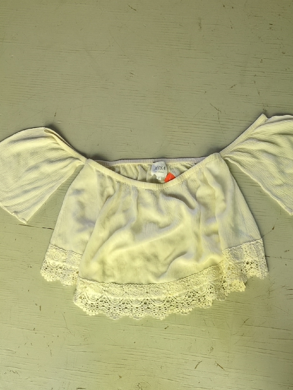 Misa Los Angeles Off-Shoulder Lace Trim Crop Top - Creamade In USA Dry Cleaned!